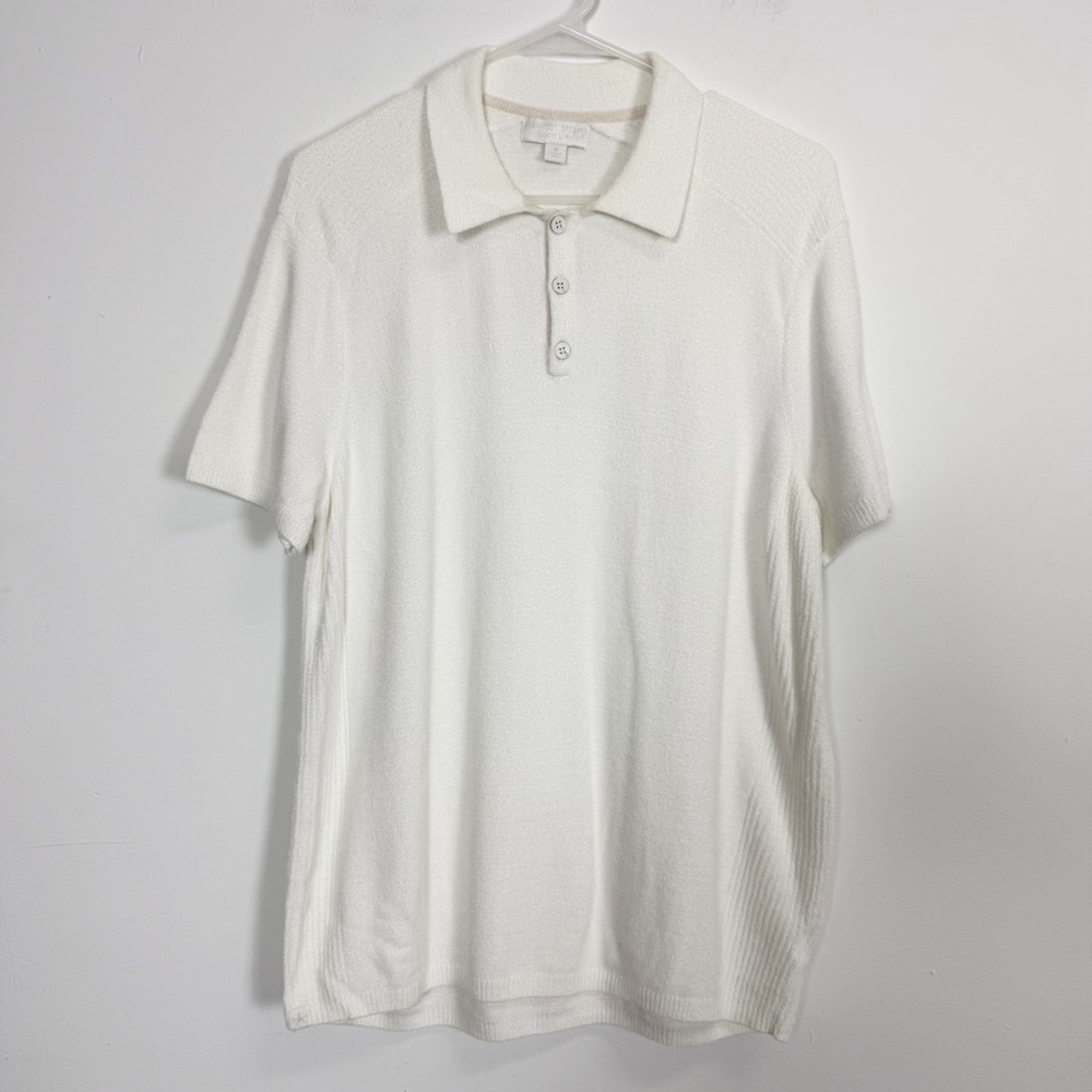 Barefoot Dreams CozyChic Ultra Lite Short Sleeve Polo Shirt Mens Medium White